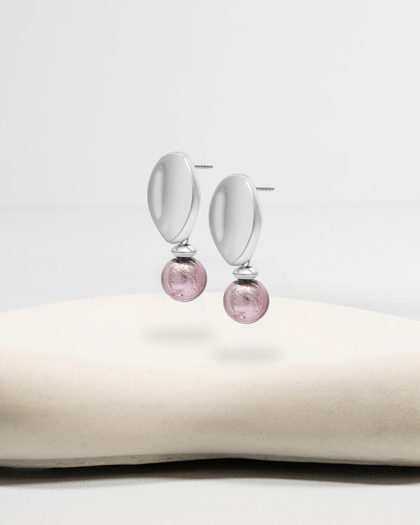 Liliflo_Bijoux interchangeable Swiss made_Boucles d'oreilles Giorgia en couleur acier avec un lien murano pourpre light