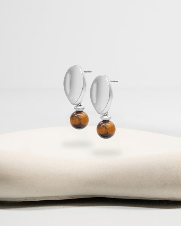 Liliflo_Swiss made Wechselschmuck_Giorgia-Ohrringe in Stahlfarbe mit einem Zierverschluss Schmuckstein  Tigerauge