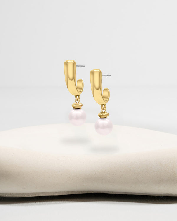 Liliflo_Bijoux interchangeable Swiss made_Boucles d'oreilles Iris en couleur acier doré avec un décor interchangeable perle d'eau douce rose