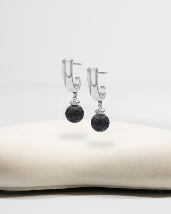 Liliflo_Swiss made Wechselschmuck_Stahlfarbene Iris-Ohrringe mit einem Zierverschluss Schmuckstein Lavastein