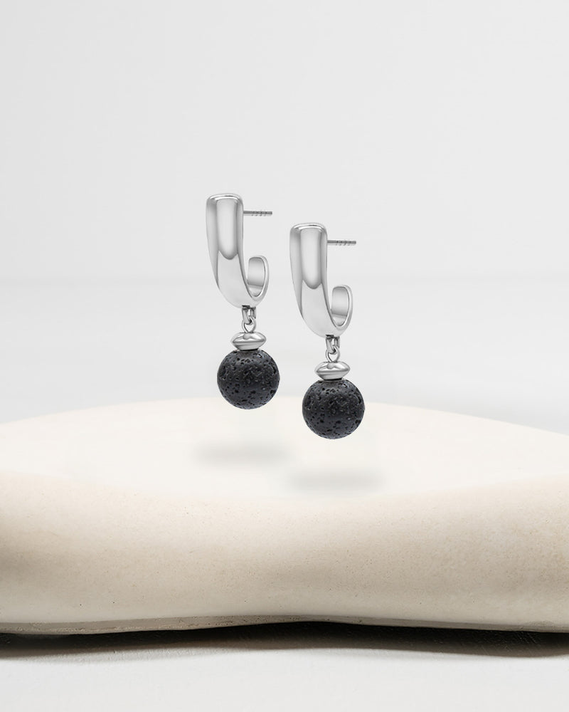 Liliflo_Swiss made Wechselschmuck_Stahlfarbene Iris-Ohrringe mit einem Zierverschluss Schmuckstein Lavastein