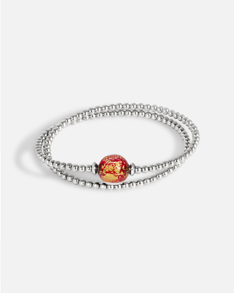 Liliflo_Schmuck modular swiss made_Tangoarmband in Doppelturm_Naturfarbe mit einem Murano Dämmerung rot mit Blattgold