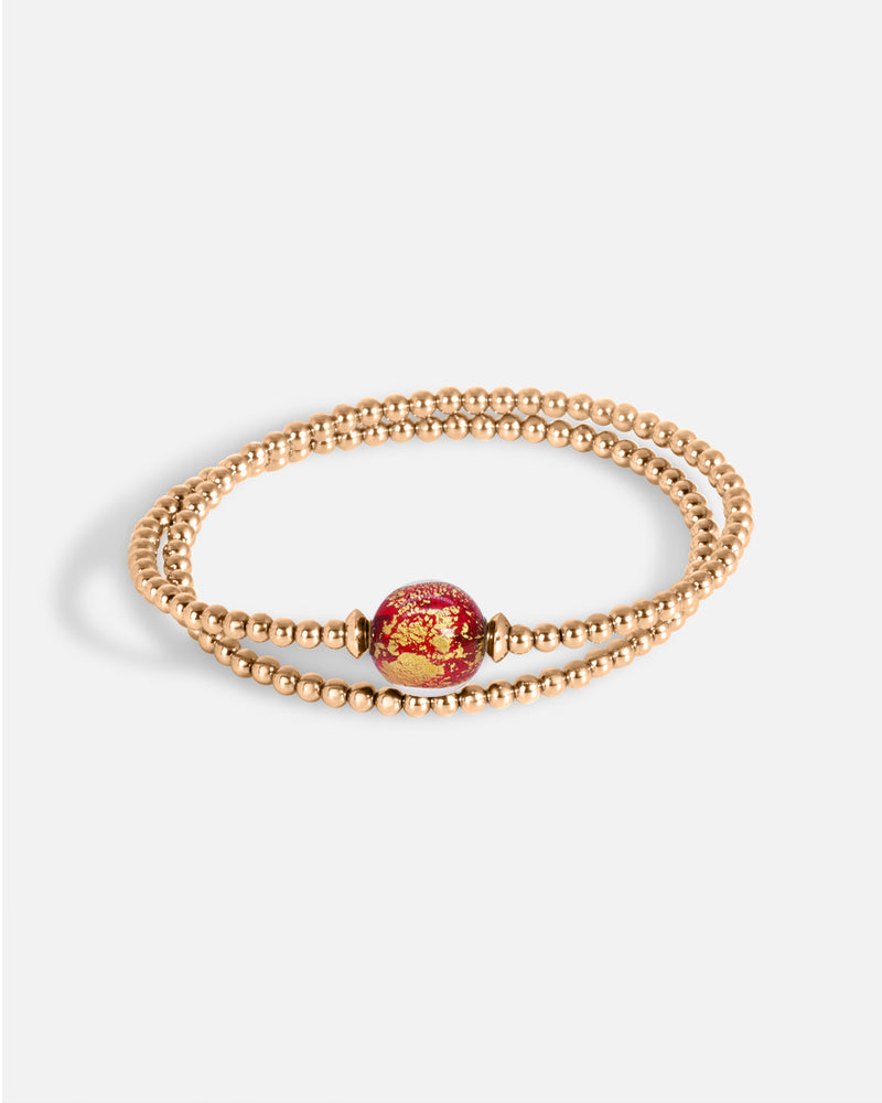 Liliflo_Schmuckbausteine swiss made_Tangoarmband in Doppelturm_Farbe rosa mit einem Murano Dämmerung in rot mit Blattgold