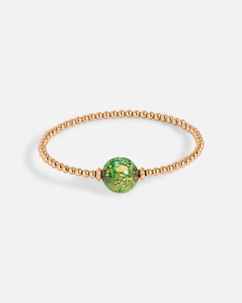 Liliflo_Schmuckbausteine swiss made_Tangoarmband aus Einfache Windung_Farbe rosa mit einem Murano Boreal in der Farbe grün mit Blattgold