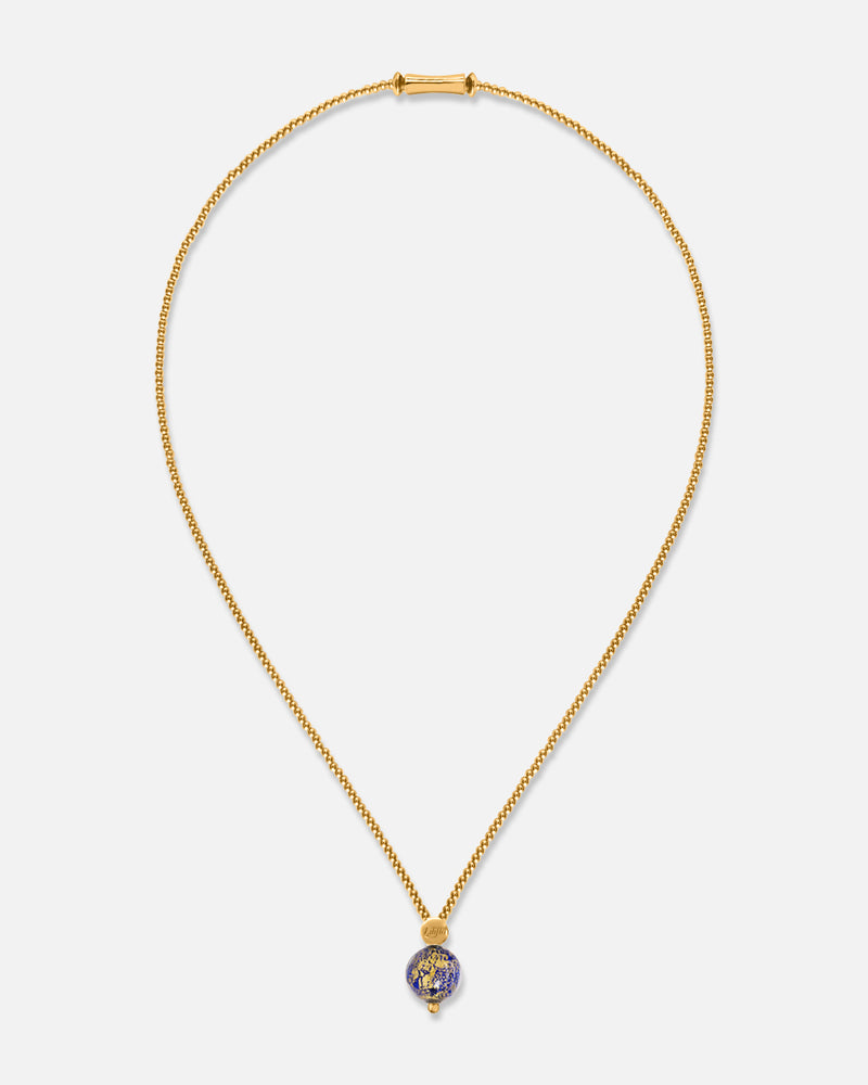 Liliflo_Schmuckbausteine swiss made_Halskette Milonga_Farbe Gelbgold mit einem Murano Aube in Nachtblau mit Blattgold