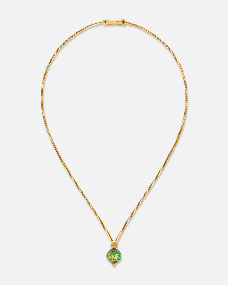 Liliflo_Schmuckbausteine swiss made_Halskette Milonga_Farbe Gelbgold mit einem Murano Boreale in Grün mit Blattgold