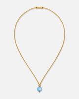 Liliflo_Schmuckbausteine swiss made_Halskette Milonga_Farbe Gelbgold mit einem aquablauen Zenith Murano mit Blattsilber