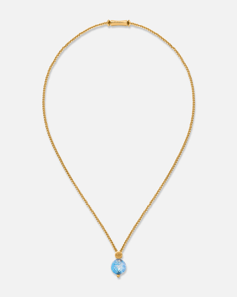 Liliflo_Schmuckbausteine swiss made_Halskette Milonga_Farbe Gelbgold mit einem aquablauen Zenith Murano mit Blattsilber