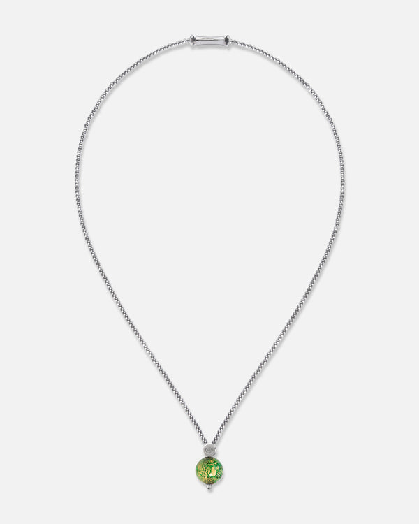 Liliflo_bijoux modulables swiss made_Collier Milonga_couleur naturel avec un Murano Boréale de couleur vert avec feuille d’or