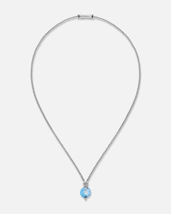 Liliflo_bijoux modulables swiss made_Collier Milonga_couleur naturel avec un Murano Zenith de couleur bleu aqua avec feuille d’argent