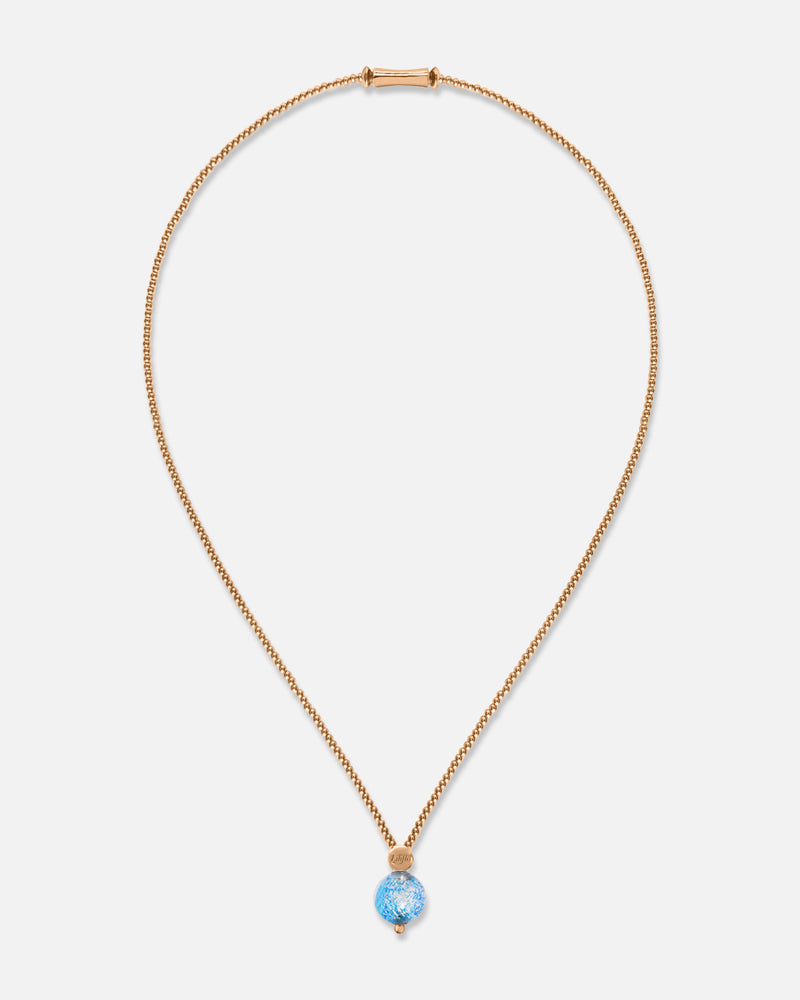 Liliflo_Schmuckbausteine swiss made_Halskette Milonga_Farbe rosa mit einem aquablauen Zenith Murano mit Blattsilber