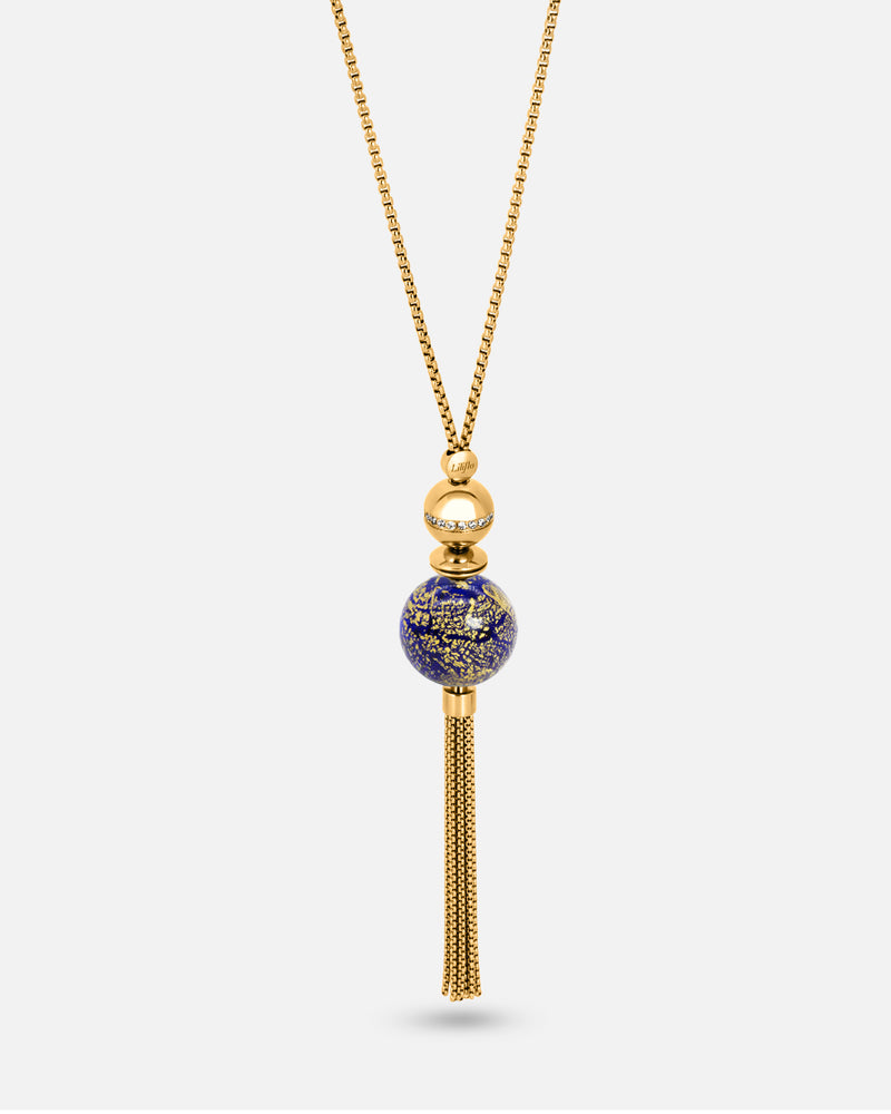 Liliflo_modularer Schmuck swiss made_Halskette_verstellbar_Farbe Gelbgold mit einem Murano Aube in Nachtblau mit Blattgold