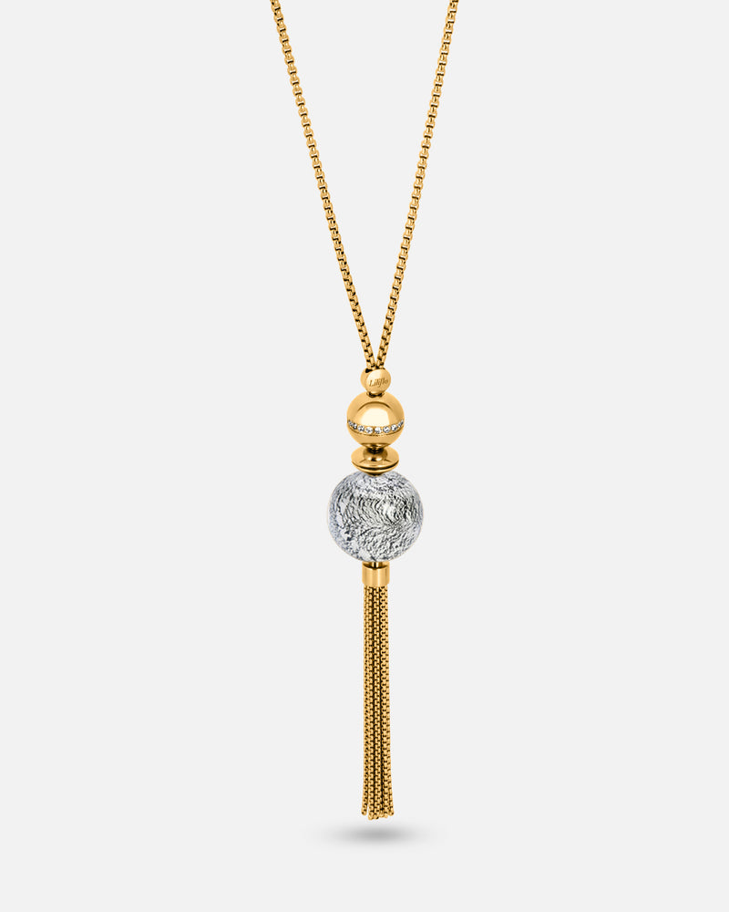 Liliflo_modularer Schmuck swiss made_Halskette_verstellbar_Farbe Gelbgold mit einem Murano Galaxie in grauschwarzer Farbe mit Silberblatt