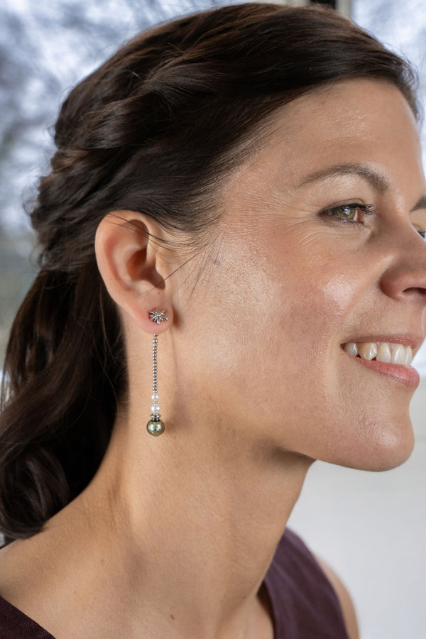 Liliflo - Boucles d'oreilles interchangeable Swiss made - Collection Edelweiss Melanie Oesch - Boucles d'oreilles couleur acier avec perles de culture et Lien murano Tahiti
