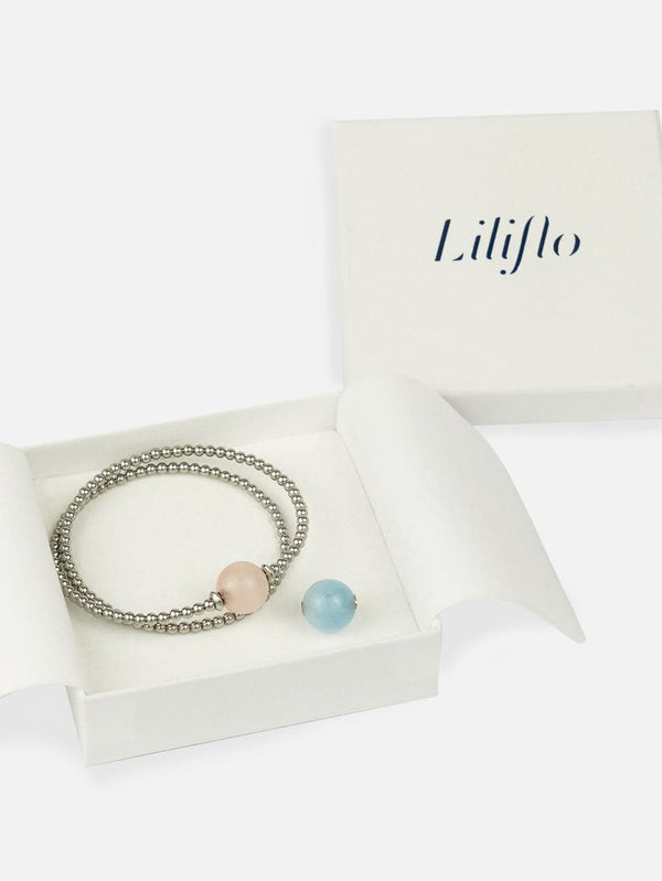 Coffret bracelet modulable Tango Double de couleur naturel avec des pierres semi-précieuses Quartz rose et Aigue-marine
