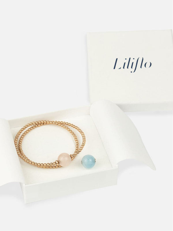 Coffret bracelet modulable Tango Double de couleur or rose avec des pierres semi-précieuses Quartz rose et Aigue-marine
