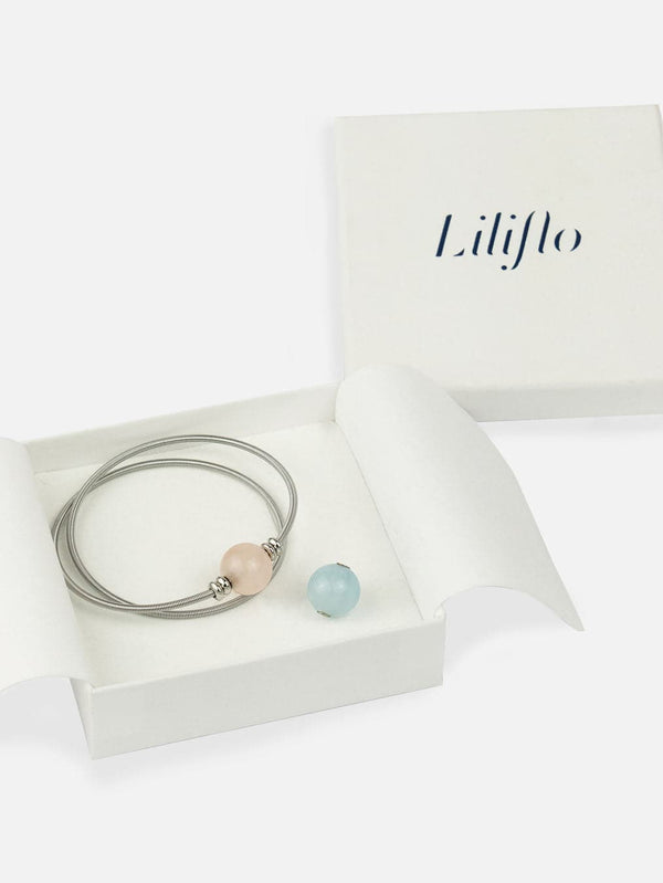 Coffret bracelet modulable Twist Double avec des pierres semi-précieuses Quartz rose et Aigue-marine