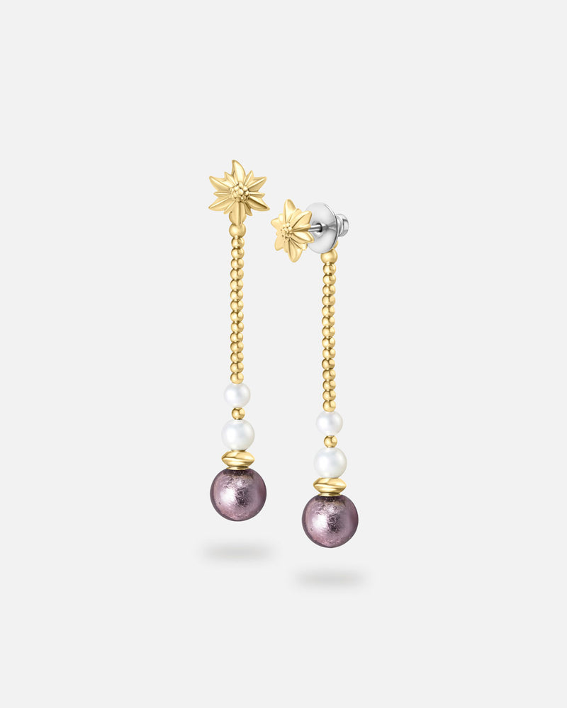 Liliflo - Boucles d'oreilles pendantes interchangeable Swiss made - Collection Edelweiss Melanie Oesch - Pendantes couleur acier doré avec perles de culture et Lien interchangeable pourpre light