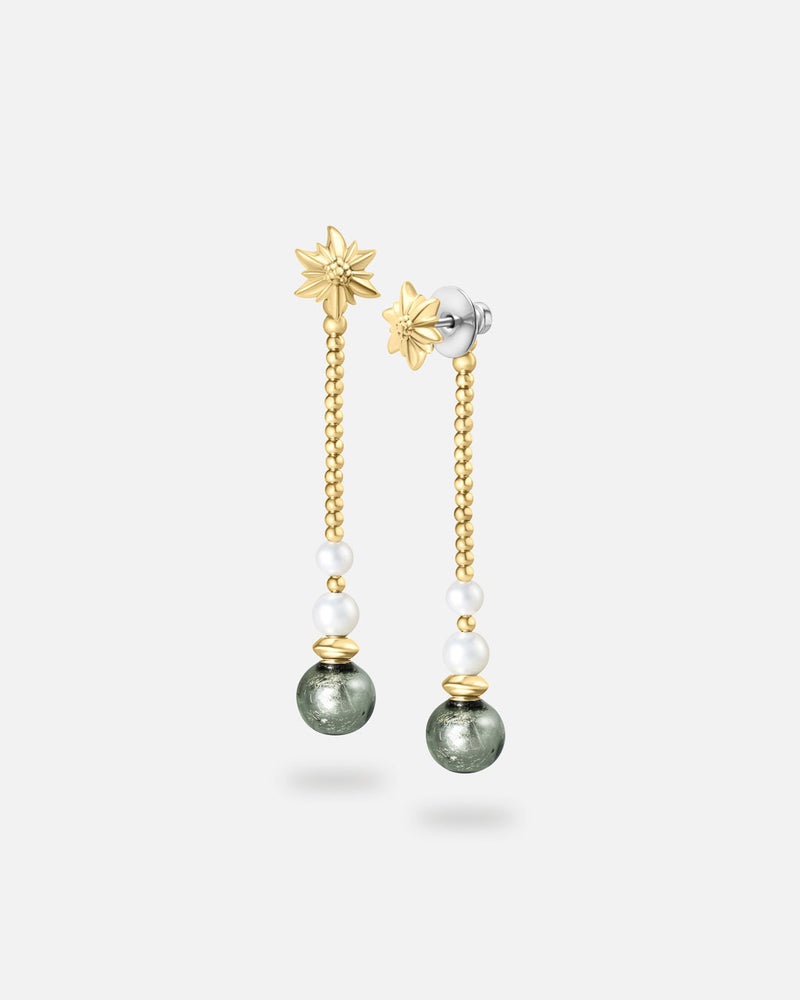 Liliflo - Boucles d'oreilles pendantes interchangeable Swiss made - Collection Edelweiss Melanie Oesch - Pendantes couleur acier doré avec perles de culture et Lien interchangeable murano tahiti
