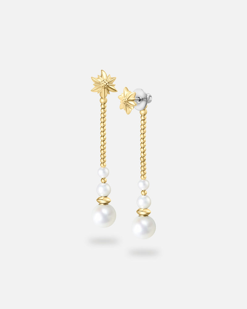 Liliflo - Boucles d'oreilles pendantes interchangeable Swiss made - Collection Edelweiss Melanie Oesch - Pendantes couleur acier doré avec perles de culture et Lien interchangeable en perle de culture