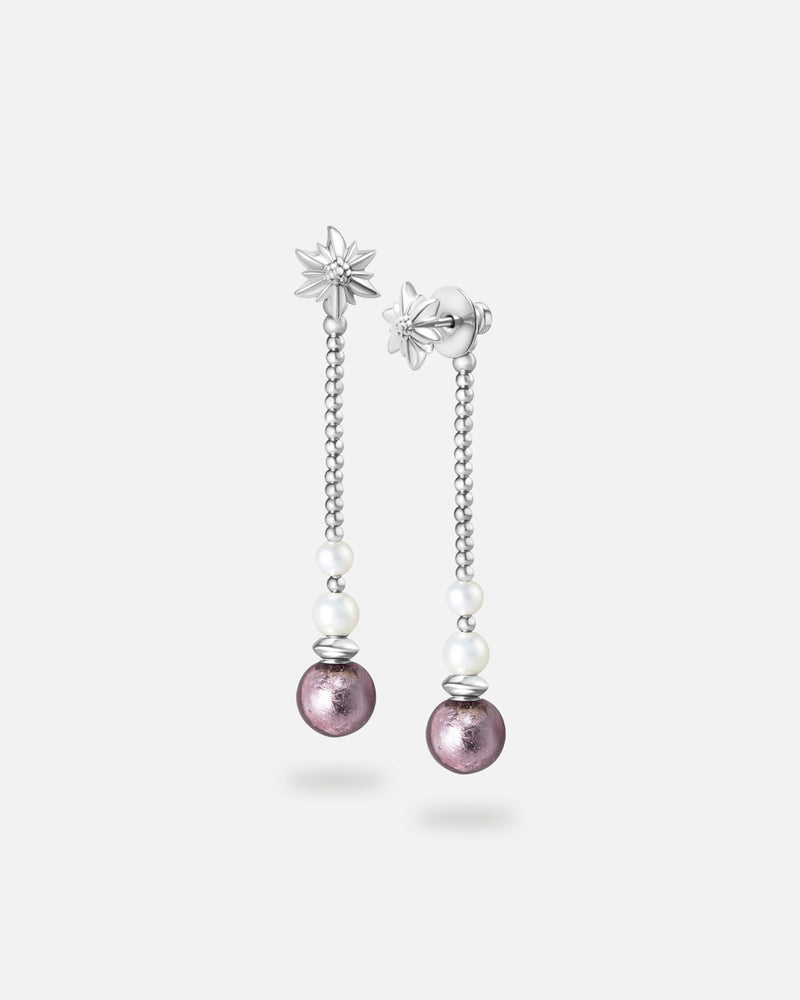 Liliflo - Boucles d'oreilles pendantes interchangeable Swiss made - Collection Edelweiss Melanie Oesch - Pendantes couleur acier avec perles de culture et Lien interchangeable pourpre light