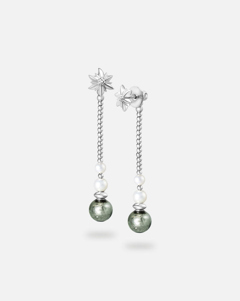 Liliflo - Boucles d'oreilles pendantes interchangeable Swiss made - Collection Edelweiss Melanie Oesch - Pendantes couleur acier avec perles de culture et Lien interchangeable murano tahiti