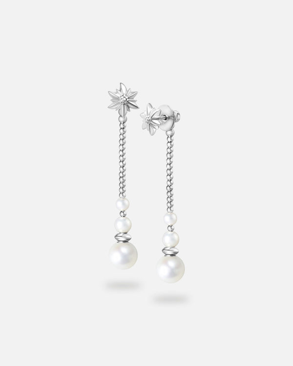 Liliflo - Boucles d'oreilles pendantes interchangeable Swiss made - Collection Edelweiss Melanie Oesch - Pendantes couleur acier avec perles de culture et Lien interchangeable en perle de culture