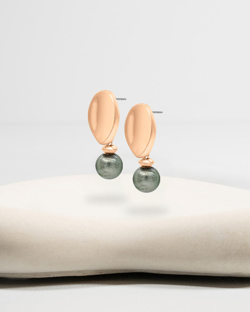 Liliflo_Bijoux interchangeable Swiss made_Boucles d'oreilles Giorgia en couleur acier rosé avec un lien murano tahiti