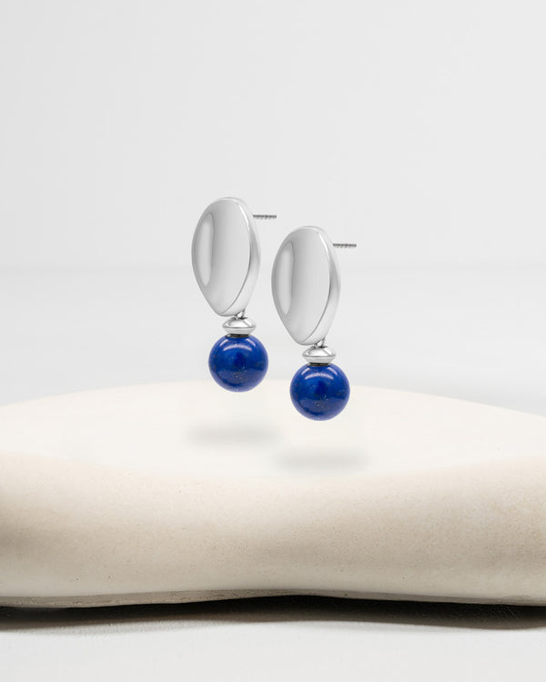 Liliflo_Bijoux interchangeable Swiss made_Boucles d'oreilles Giorgia en couleur acier avec un lien pierre semi-précieuse lapis lazuli