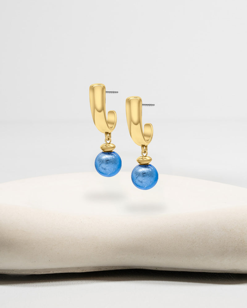 Liliflo_Bijoux interchangeable Swiss made_Boucles d'oreilles Iris en couleur acier doré avec un lien murano neptune