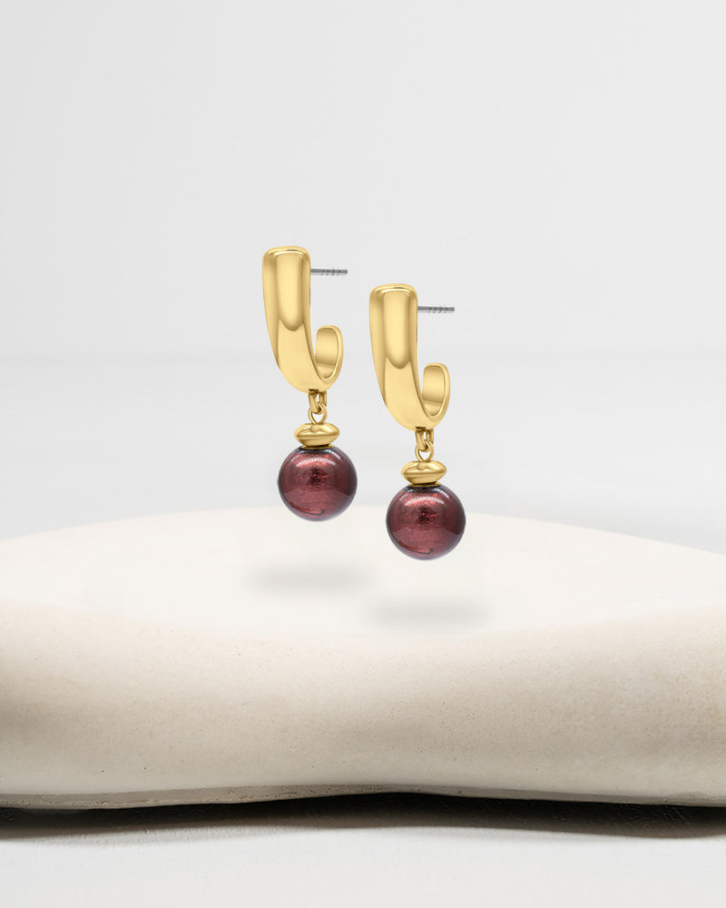 Liliflo_Bijoux interchangeable Swiss made_Boucles d'oreilles Iris en couleur acier doré avec un lien murano pourpre