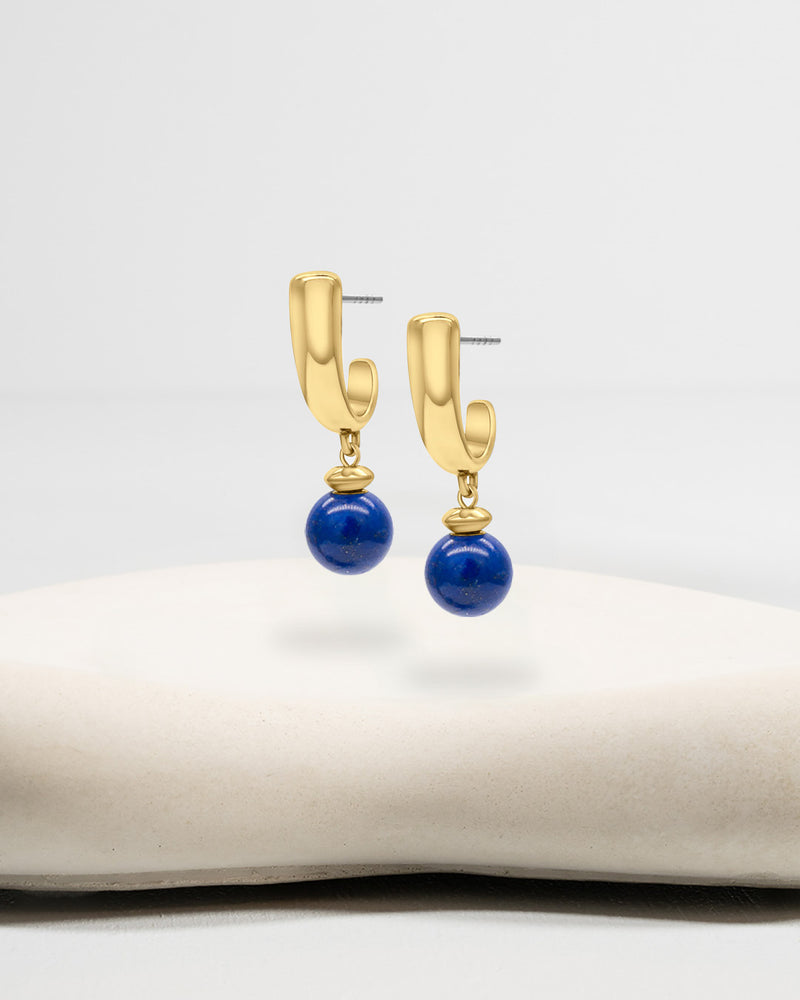 Liliflo_Bijoux interchangeable Swiss made_Boucles d'oreilles Iris en couleur acier doré avec un lien pierre semi-précieuse lapis lazuli