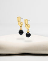 Liliflo_Bijoux interchangeable Swiss made_Boucles d'oreilles Iris en couleur acier doré avec un lien pierre semi-précieuse onyx