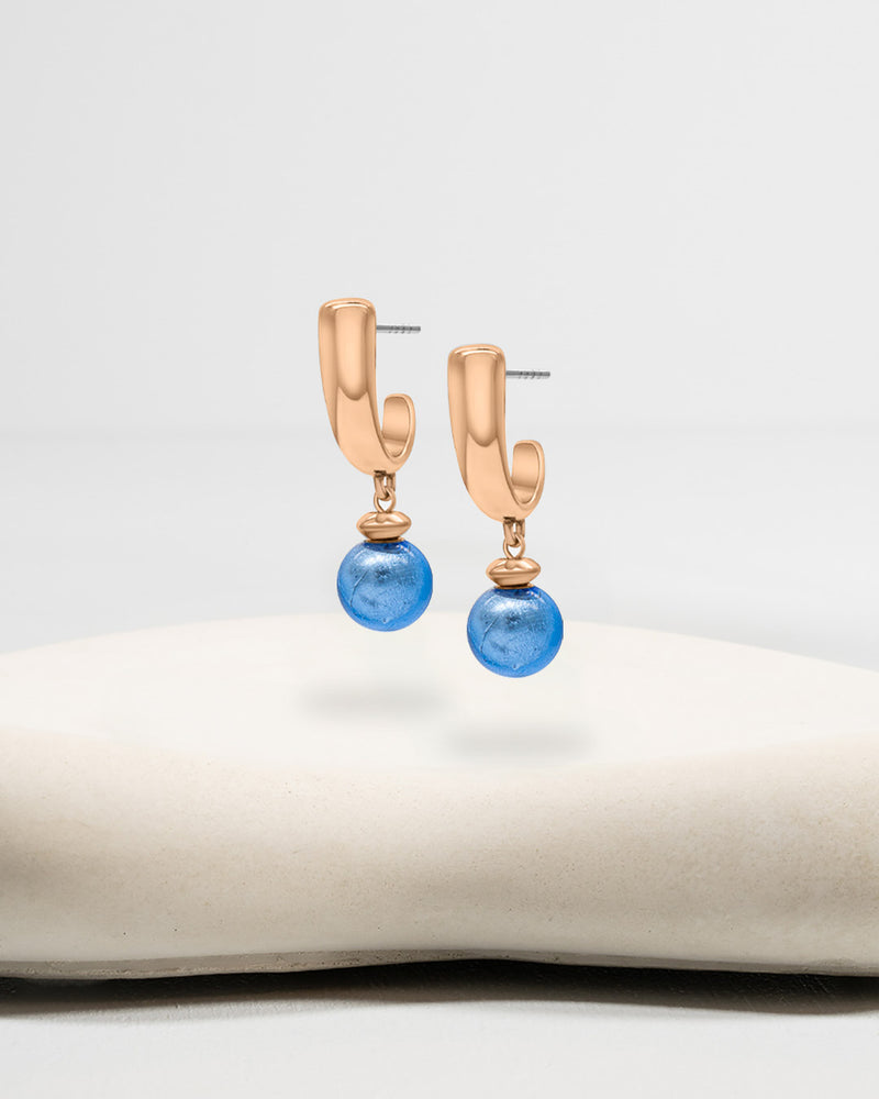 Liliflo_Bijoux interchangeable Swiss made_Boucles d'oreilles Iris en couleur acier rosé avec un lien murano neptune