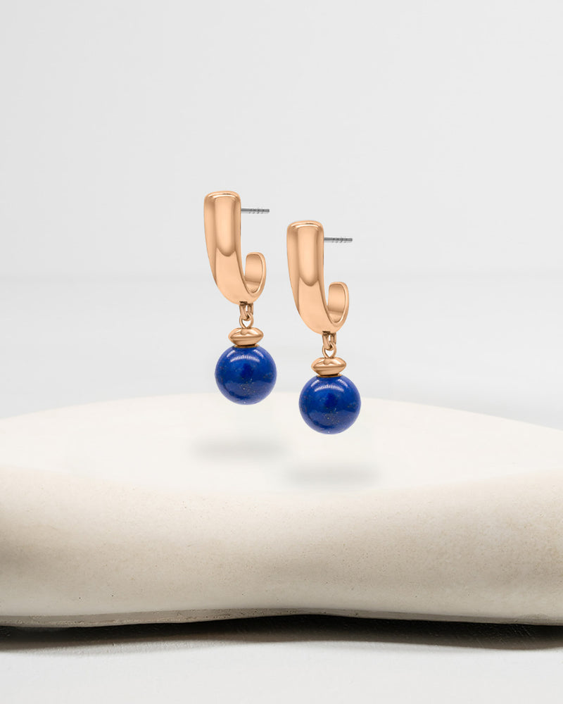 Liliflo_Bijoux interchangeable Swiss made_Boucles d'oreilles Iris en couleur acier rosé avec un lien pierre semi-précieuse lapis lazuli