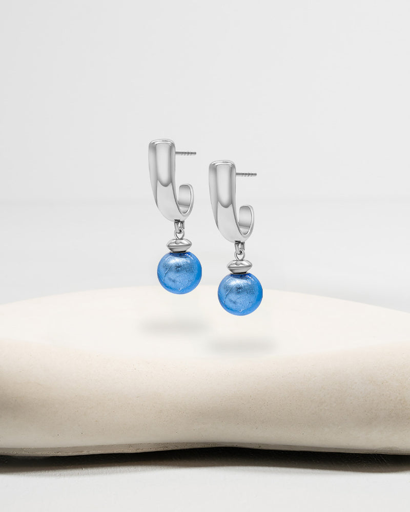 Liliflo_Bijoux interchangeable Swiss made_Boucles d'oreilles Iris en couleur acier avec un lien murano neptune