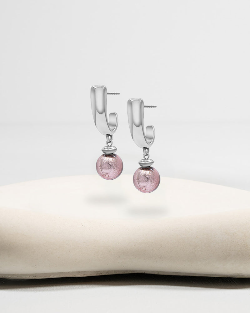 Liliflo_Bijoux interchangeable Swiss made_Boucles d'oreilles Iris en couleur acier avec un lien murano pourpre light