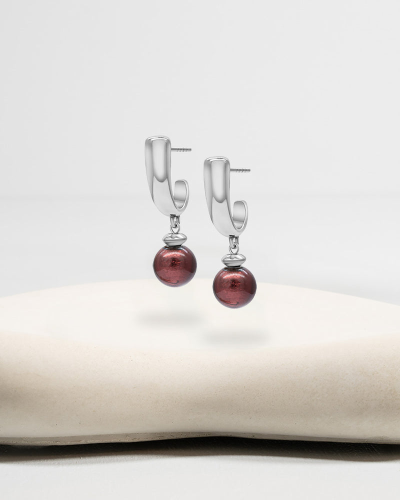 Liliflo_Bijoux interchangeable Swiss made_Boucles d'oreilles Iris en couleur acier avec un lien murano pourpre