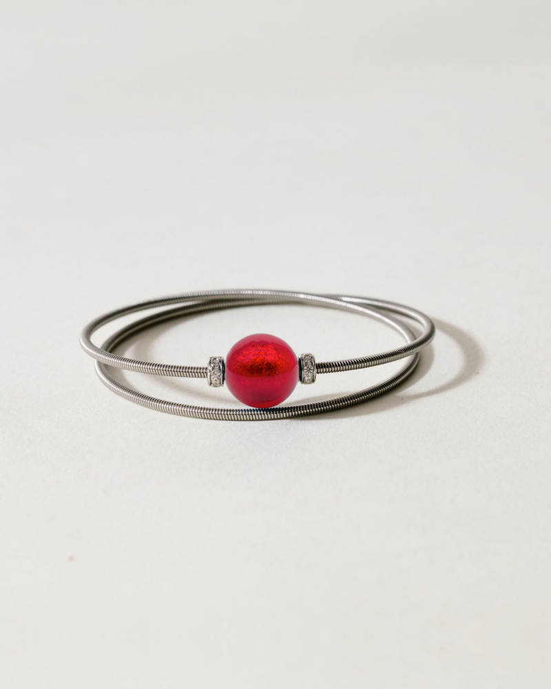 Liliflo_Bijoux femme interchangeable Swiss made_Bracelet diamant double tour femme en spiral avec Murano Rouge