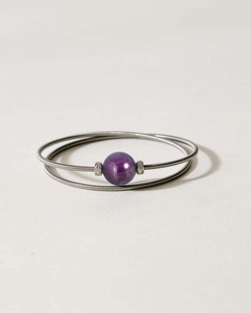 Liliflo_Bijoux femme interchangeable Swiss made_Bracelet diamant double tour femme en spiral avec une pierre semi-précieuse Améthyste