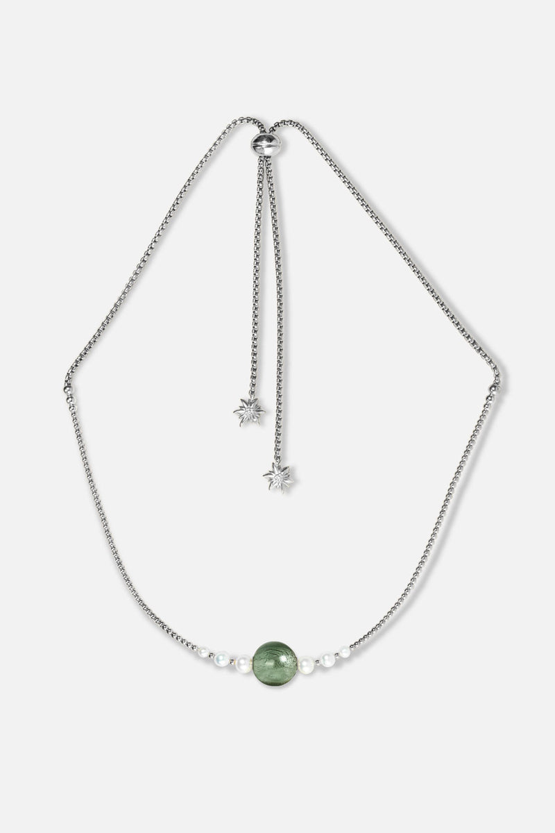 Collier interchangeable Swiss made - Collection Edelweiss Melanie Oesch - Collier couleur acier doré avec perles de culture et Lien Murano Tahiti