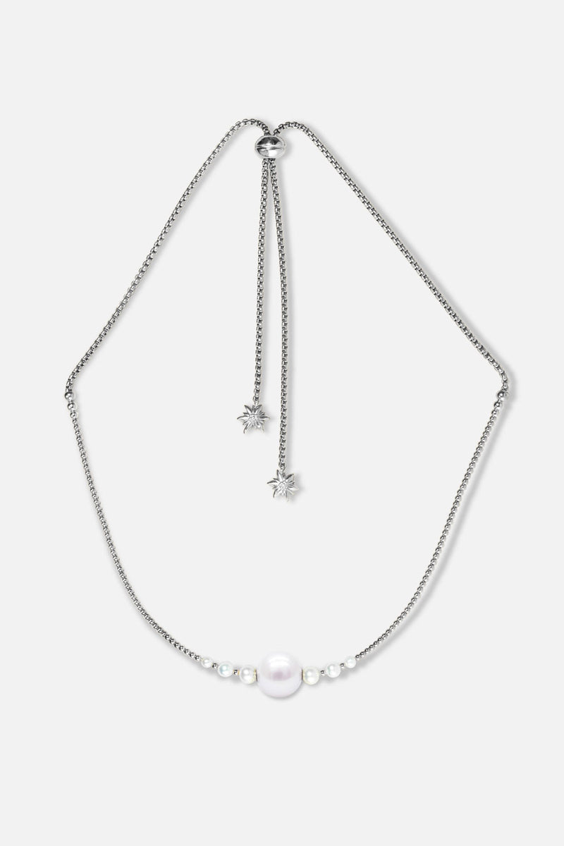 Collier interchangeable Swiss made - Collection Edelweiss Melanie Oesch - Collier couleur acier avec perles de culture et Lien Perle de culture