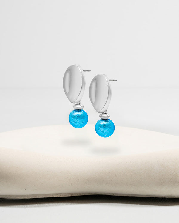 Liliflo_Bijoux interchangeable Swiss made_Boucles d'oreilles Giorgia en couleur acier avec un lien murano aqua