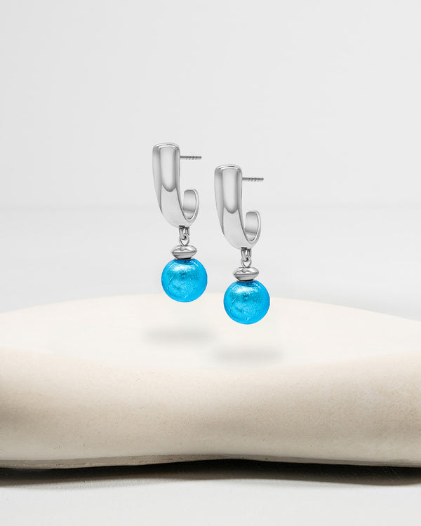 Liliflo_Bijoux interchangeable Swiss made_Boucles d'oreilles Iris en couleur acier avec un lien murano aqua