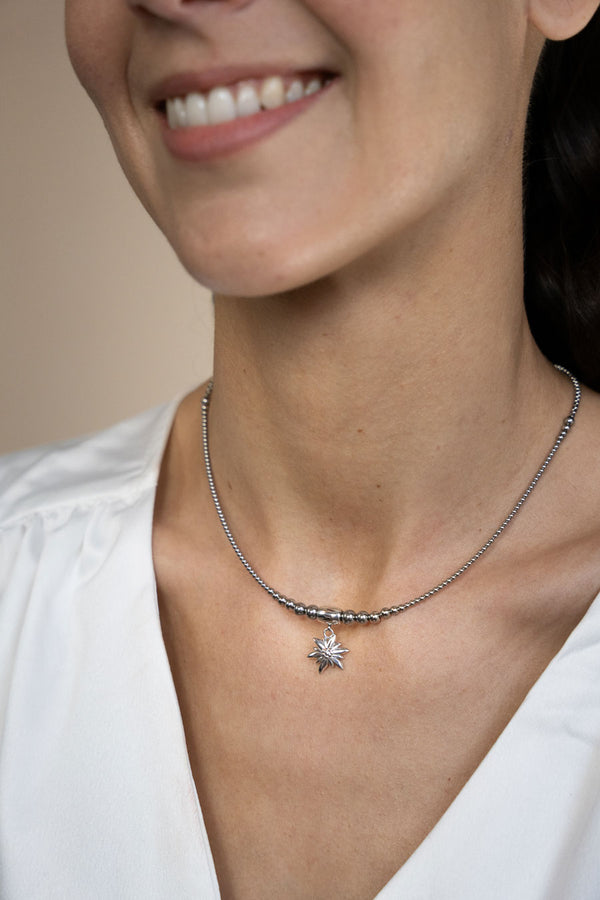 Collier interchangeable Swiss made - Collection Edelweiss Melanie Oesch - Collier couleur acier naturel et Lien Edelweiss