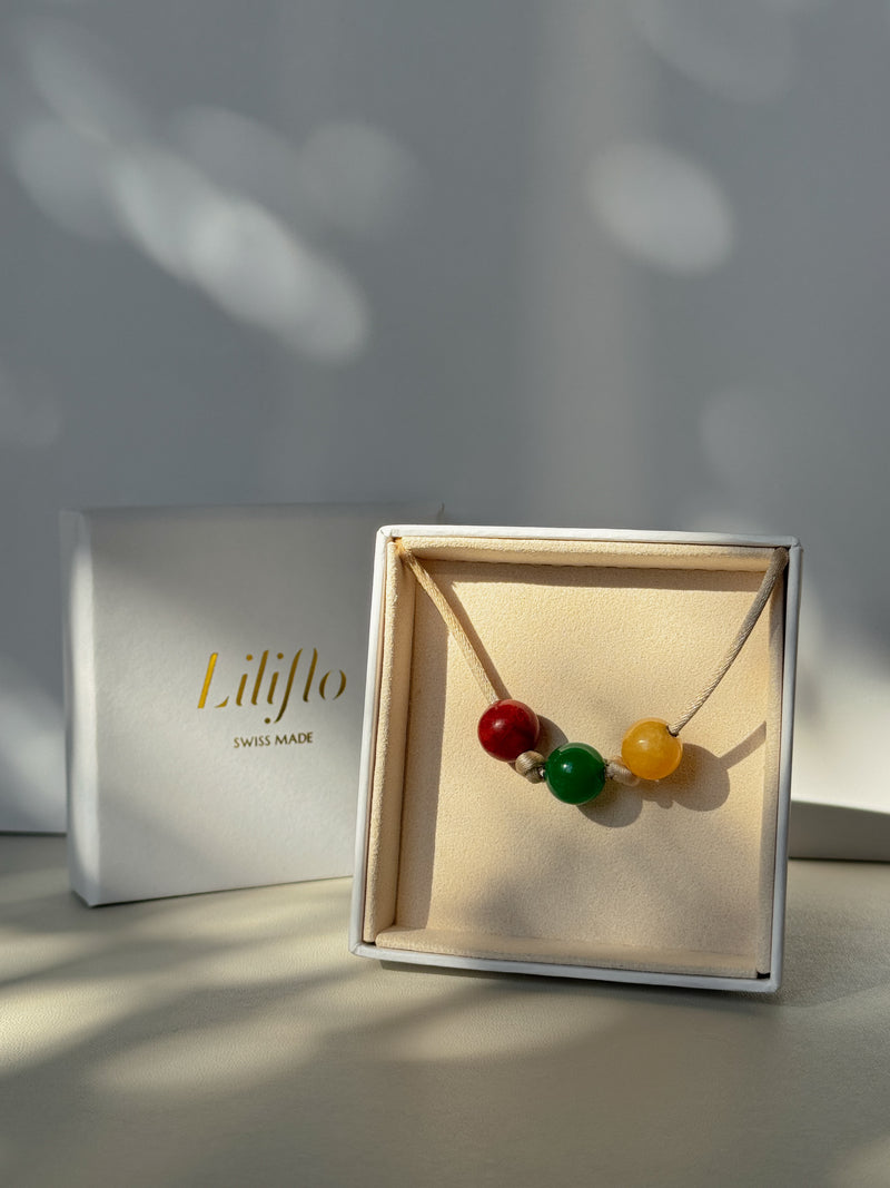 Liliflo_Bijoux interchangeables Swiss made_Coffret de 4 pierres semi-précieuses Angelite, Jade de Malaisie, Calcite et Corail