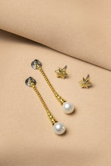 Liliflo - Boucles d'oreilles pendantes interchangeable Swiss made - Collection Edelweiss Melanie Oesch - Pendantes couleur acier doré avec perles de culture et Lien interchangeable en perle de culture