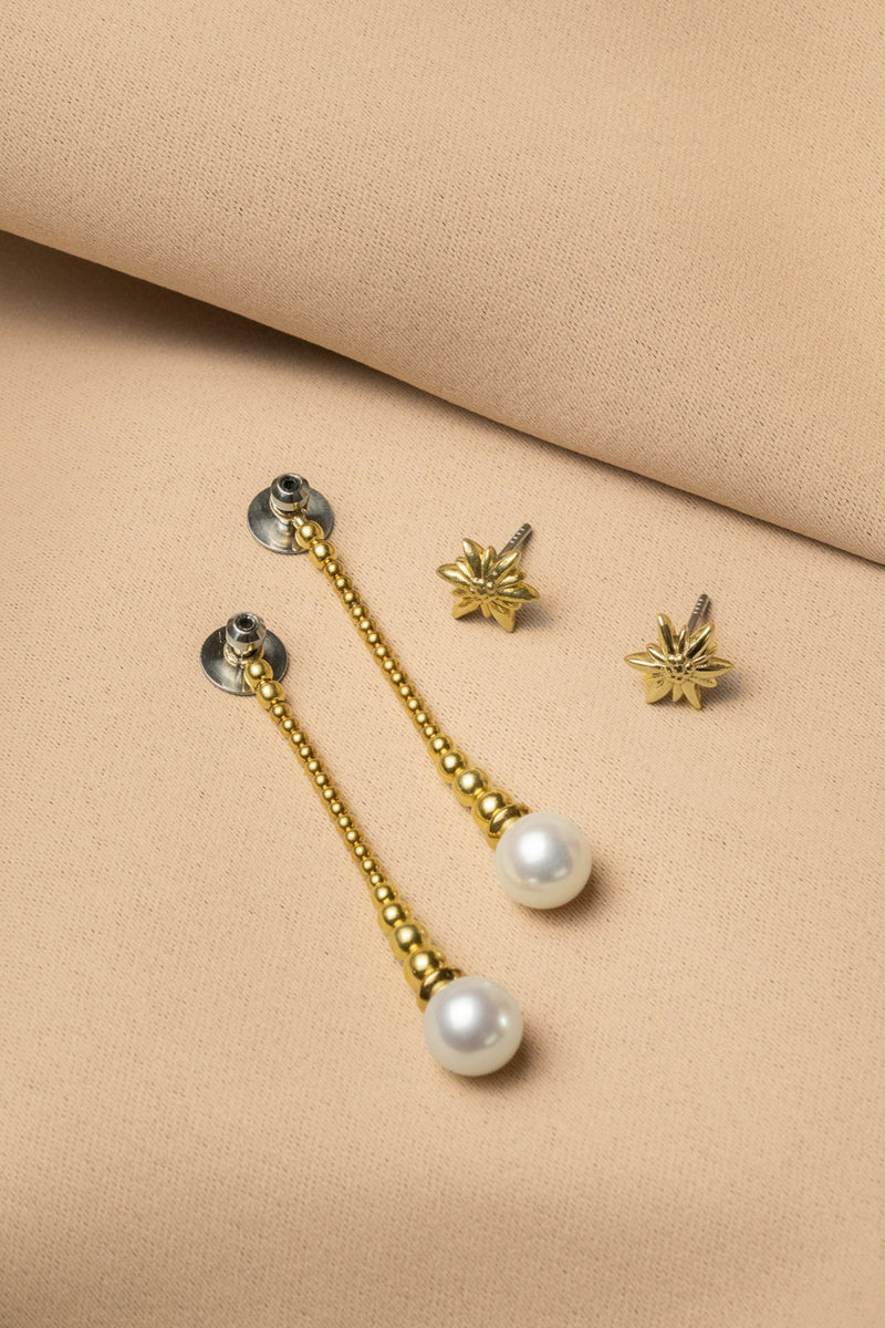 Liliflo - Boucles d'oreilles pendantes interchangeable Swiss made - Collection Edelweiss Melanie Oesch - Pendantes couleur acier doré avec perles de culture et Lien interchangeable en perle de culture