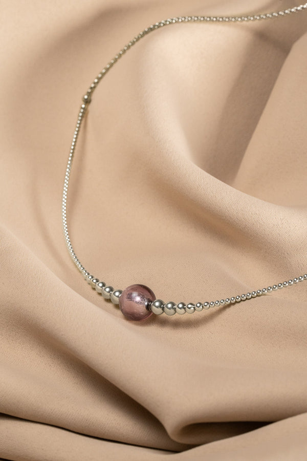 Collier interchangeable Swiss made - Collection Edelweiss Melanie Oesch - Collier couleur acier et Lien murano pourpre light